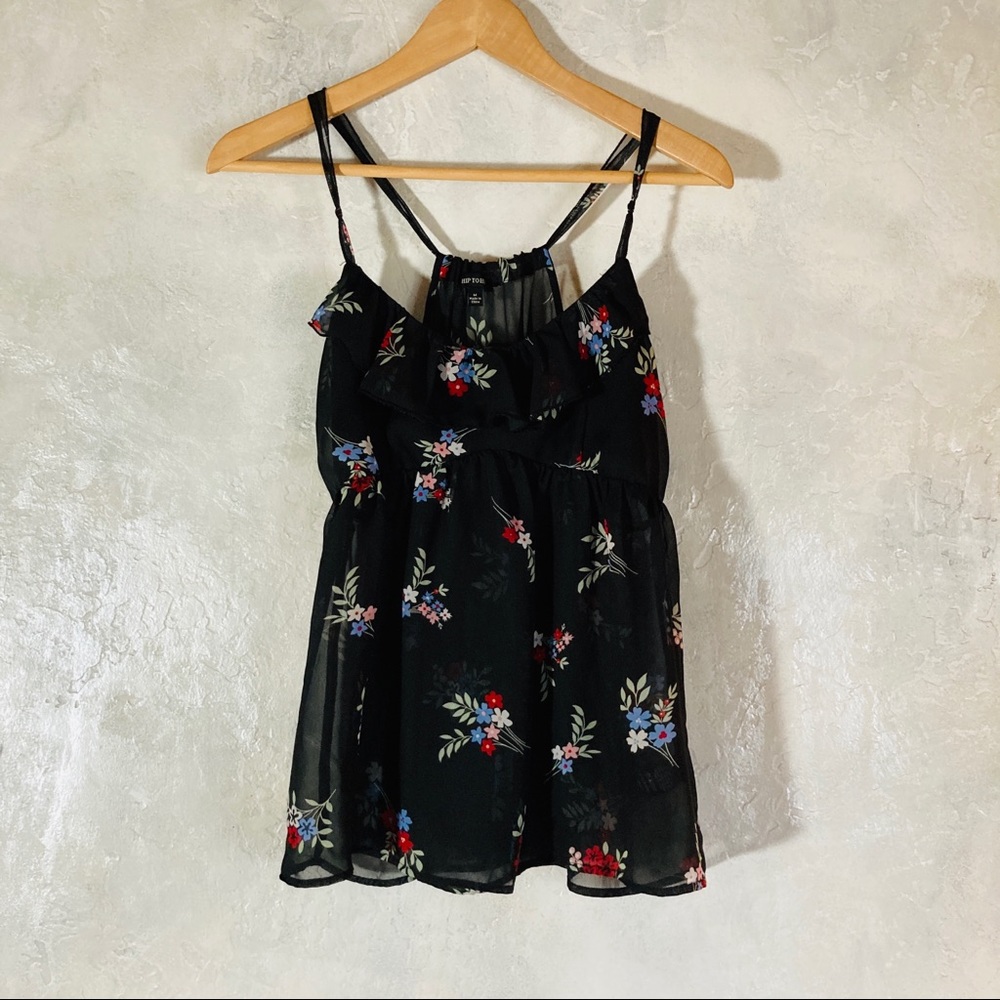 Sheer floral ruffle cami tank